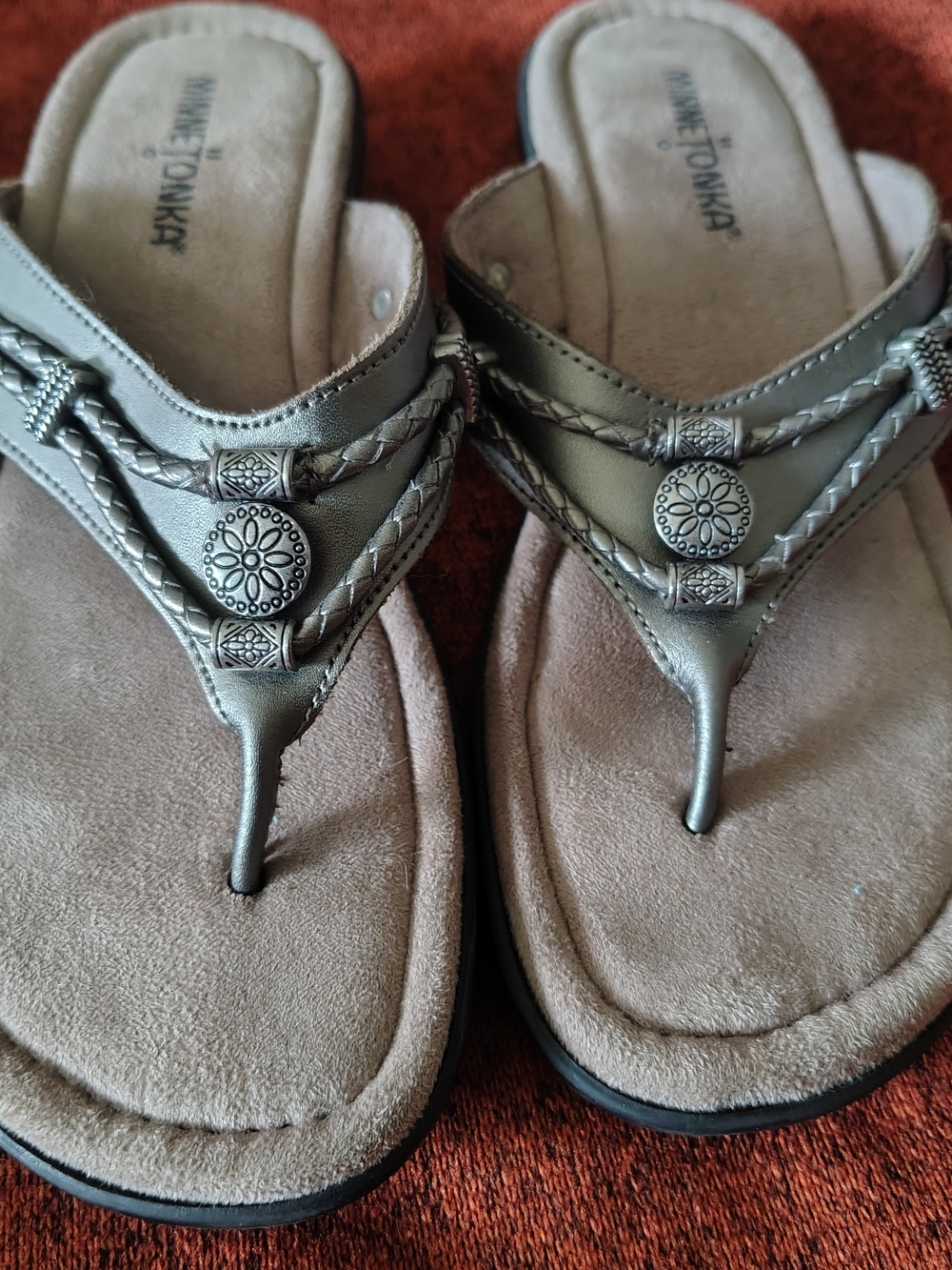 Minnetonka Metallic Silver Braided Thong Sandals with Decorative Medallions